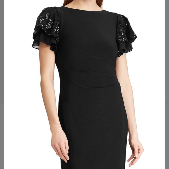 LAUREN RALPH LAUREN EVENING BLACK EMBELLISHED FLUTTER SLEEVE PARTY DRESS NWT 10 - Picture 5 of 14